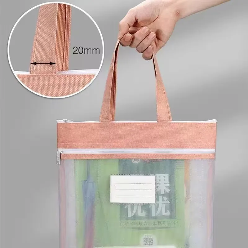 Malha com zíper saco de arquivo para estudantes, Exames Papelaria Titular, Saco de armazenamento com alça, Double Zipper Pencil Pouch, Material escolar