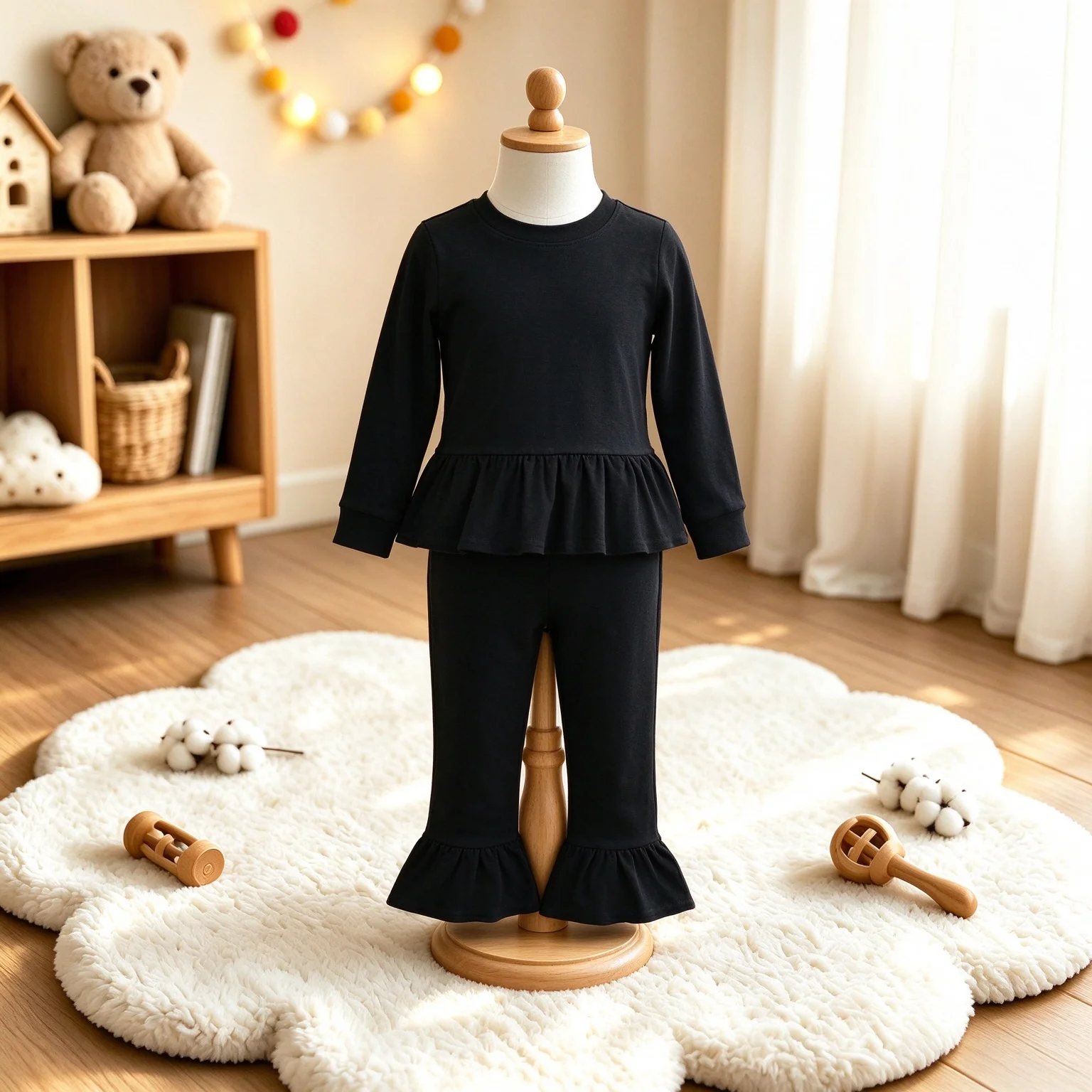 Wholesale Baby Girl Kids Black Pullover Tunic Children Set Toddler Ruffle Pants Infant Girls Outfit Cotton Clothes