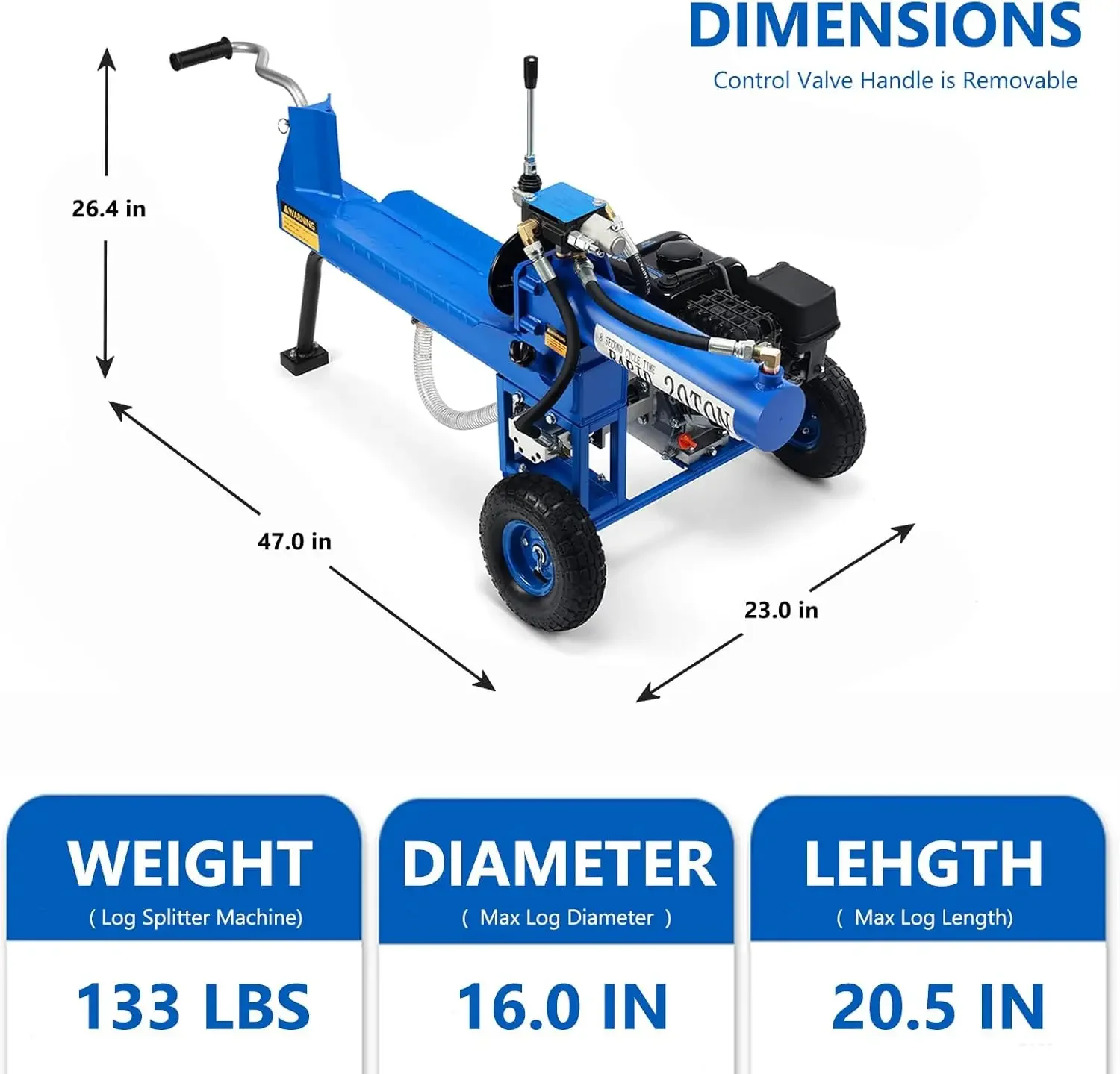 Splitter 20 Ton, Gas Wood Splitter with 7HP Engine Hydraulic Pump, Log Splitter for firewood with Auto Return