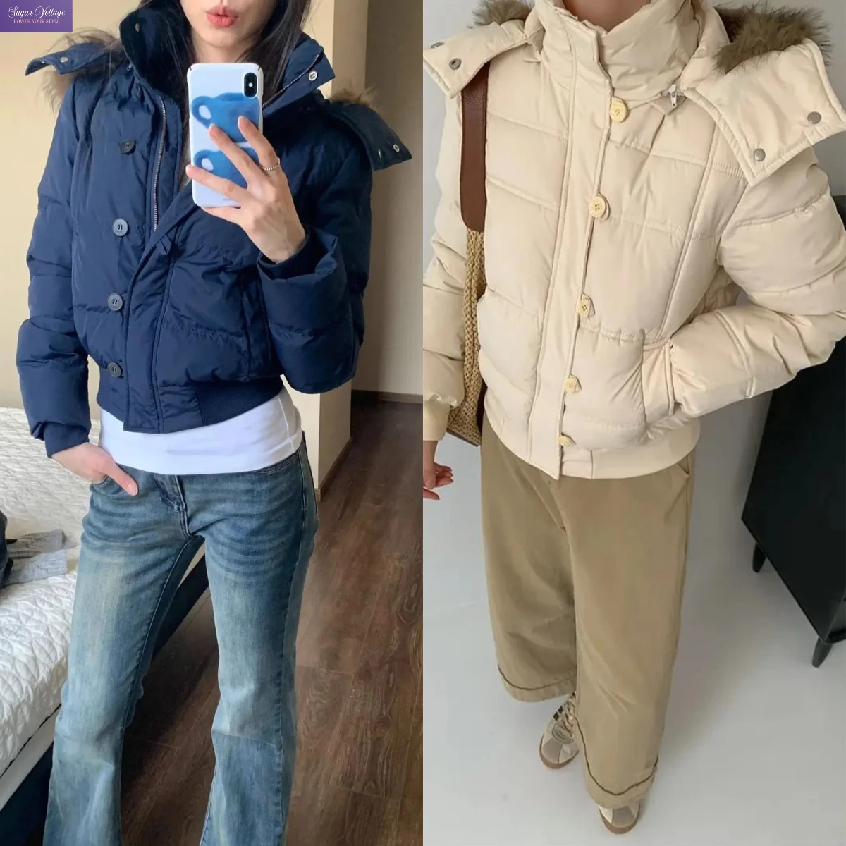 

Y2k Vintage Casual Coat Women Autumn Winter Short Hooded Puffer Jacket Fur Trim Thick Warm Quilted Loose Fit Chic Korean Outfit