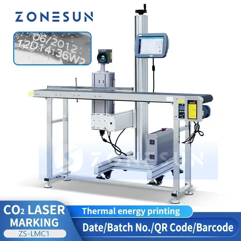 ZONESUN ZS-LMC1 CO2 Laser Printing Machine Date Code LOGO QR Barcode Marking Production Bottle Leather Wood Packaging Line