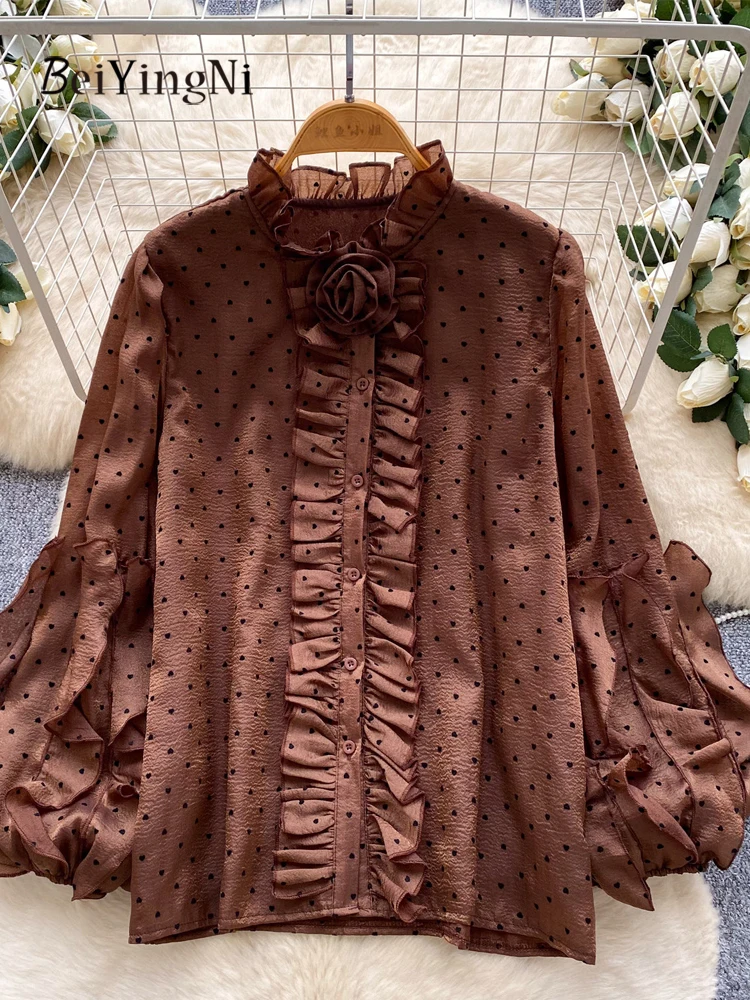 

Beiyingni Стильные женские рубашки для пожилых людей с оборками в горошек, новая мода Kpop, топ с длинными рукавами для отдыха, женские свободные шифоновые блузки