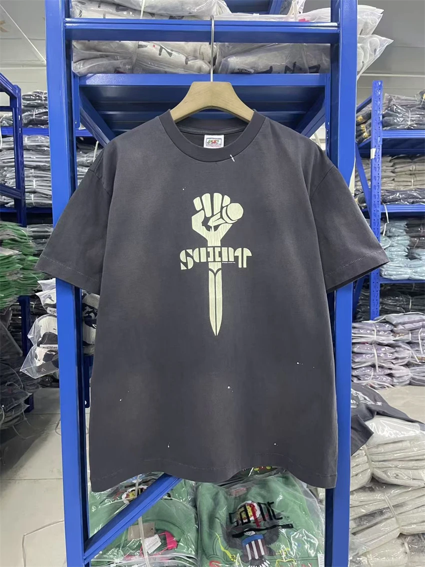 New SAINT Gray Fist Pattern Printed Washed Retro Trendy T-shirt Pure Cotton Vintage Casual Street Oversize Short Sleeve