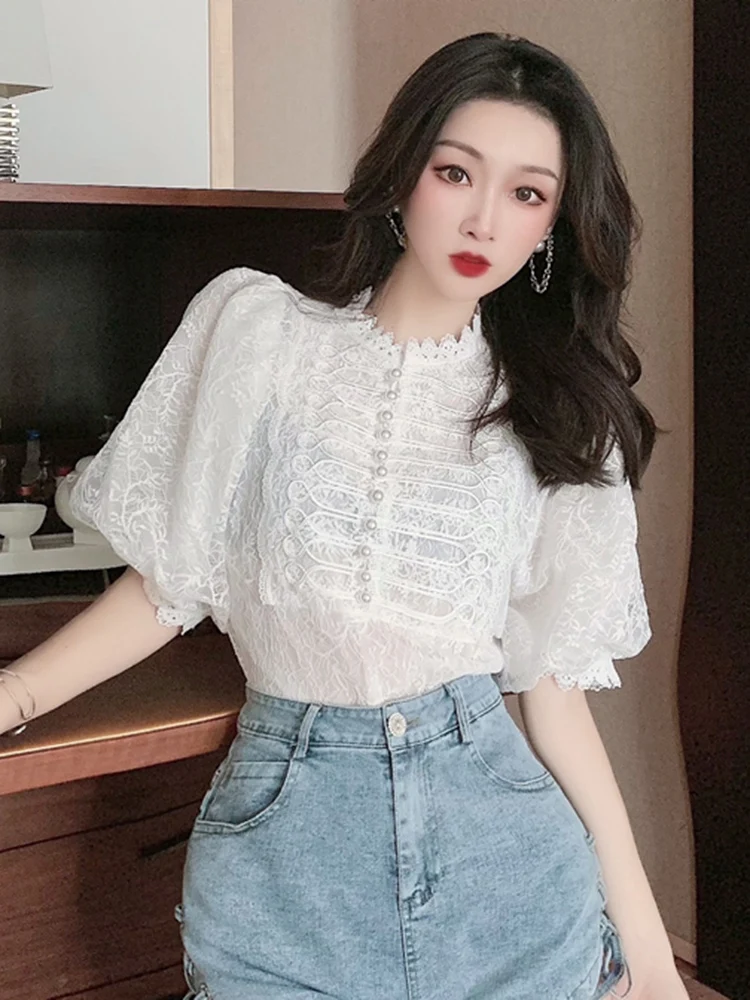 Zoki Chic Puff Sleeve Sweet Lace Blouse Women Elegant Korean Design Shirt Casual Fashion Female Pearl Buttons O Neck Tops New