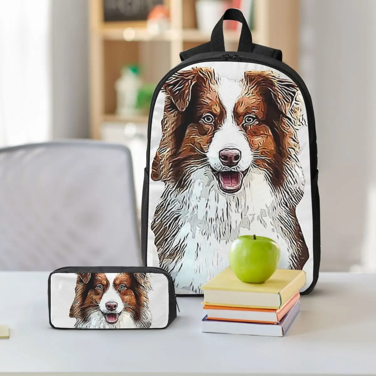 Australian Shepherd Red Tricolor Lovers Backpack Student BookBag School Bag Shoulder Bags 3ps Insulated Lunch Bag Pencil Case
