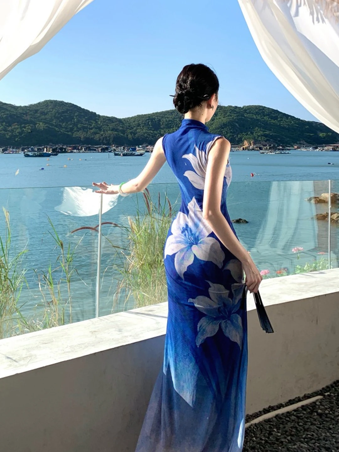Bleu adient imprimé Fi Tail Qipao Dr Ele haut de gamme ajustement et jupe longue évasée Sle femmes été Faion respirant moi