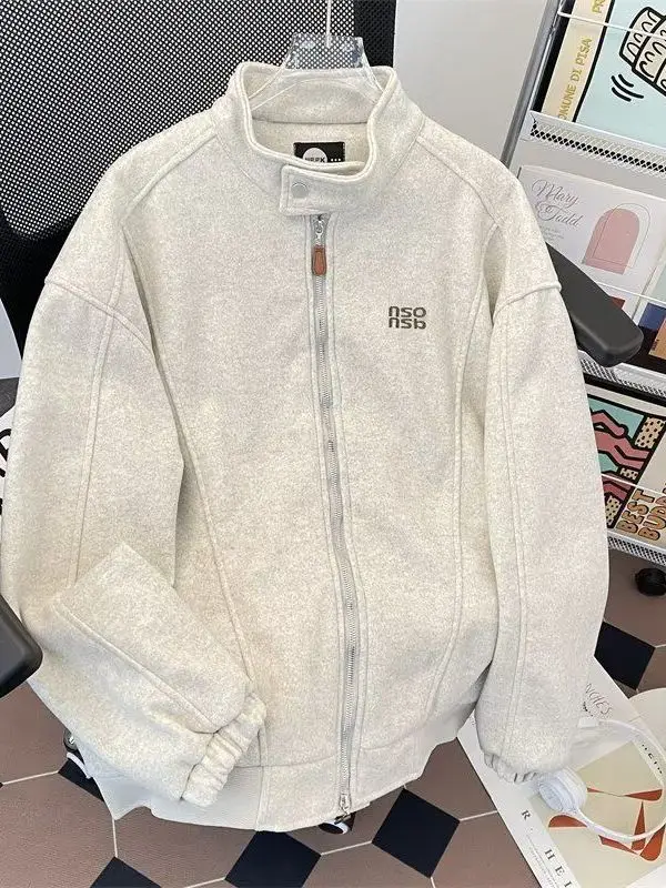 

Autumn Winter Men's Woolen Jaet Heavyweight Trendy Brand Letter Embroidery Baseball Sle Stand Collar Sweatirt Jaet