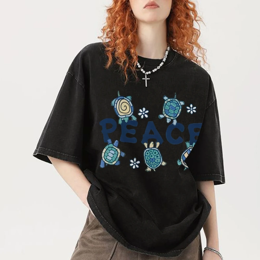 Peace Sea Turtles Shirt Women Cotton Graphic Shirts Vintage Washed T-Shirt Retro y2k Clothes Trendy Women Clothing Tops