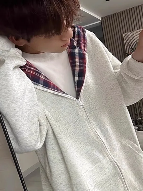 

Мужской кардиган на молнии с капюшоном в клетку большого размера, весенне-осенний, плотный, износостойкий, от американского модного бренда, дышащий, ветрозащитный