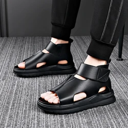 Sandals Genuine Leather Summer Height Increase Roman High Top Thick Sole Trendy Outwear Soft Breathable Beach Shoes Men's Style