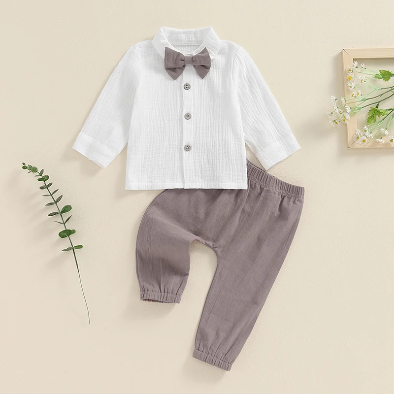 

Baby Kids Boy Fall Clothes Solid Color Button Long Sleeve Shirt with Bow Tie and Elastic Pants 2 Piece Outfits for Toddler