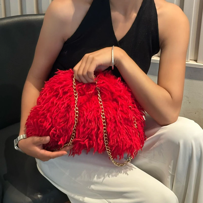 Candy Color Feather Dumpling Bag Fluffy Plush Shoulder Bags for Women Faux Fur Bag NEW Soft Warm Handbag Clip Bags Pouch