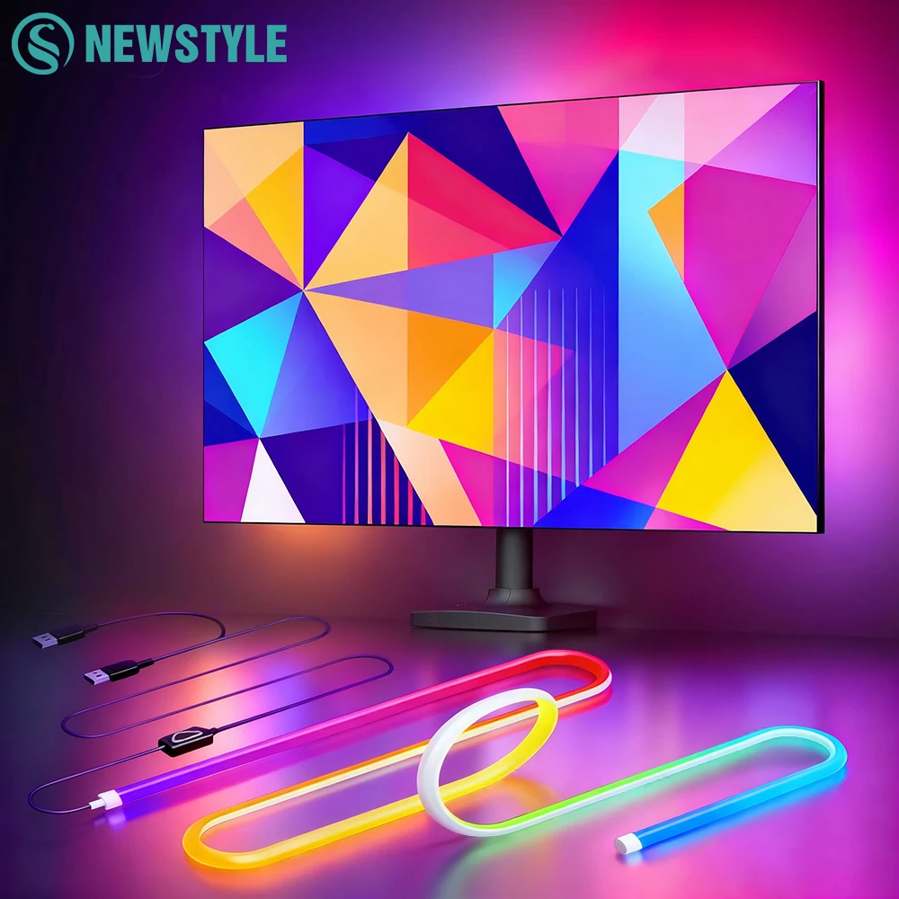 RGB 컴퓨터 모니터 화면 동기화 라이트 스트립 백라이트 라이트 바 화면 색상/음악과 동기화 더블 USB 데스크 게이밍