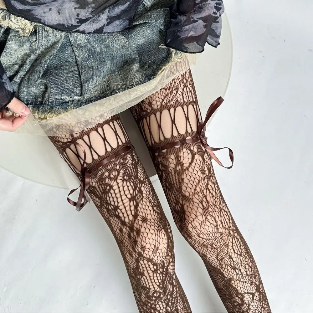 High Waist Mesh Lace-up Pantyhose Smooth High-Density Shaping Silk Stockings Stretch Hollow-out Sheer Pantyhose Tights Dance