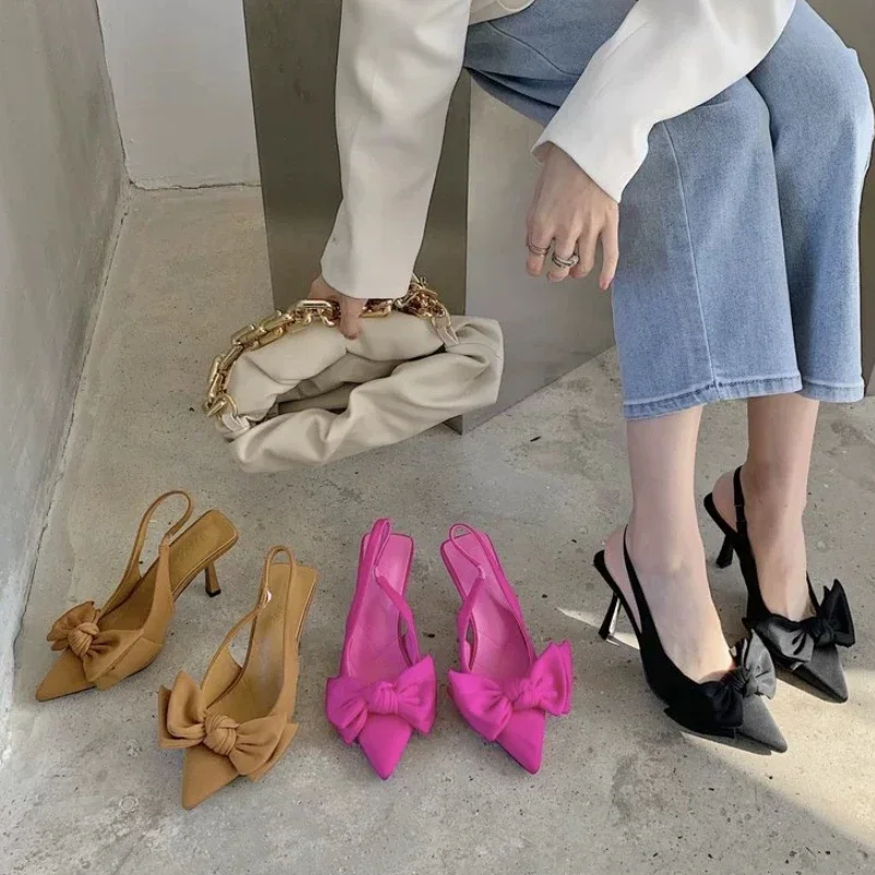 صندل فرنسي صيفي جديد لعام 2024 بكعب عالٍ بفيونكة صغيرة أحذية خرافية أحذية نسائية