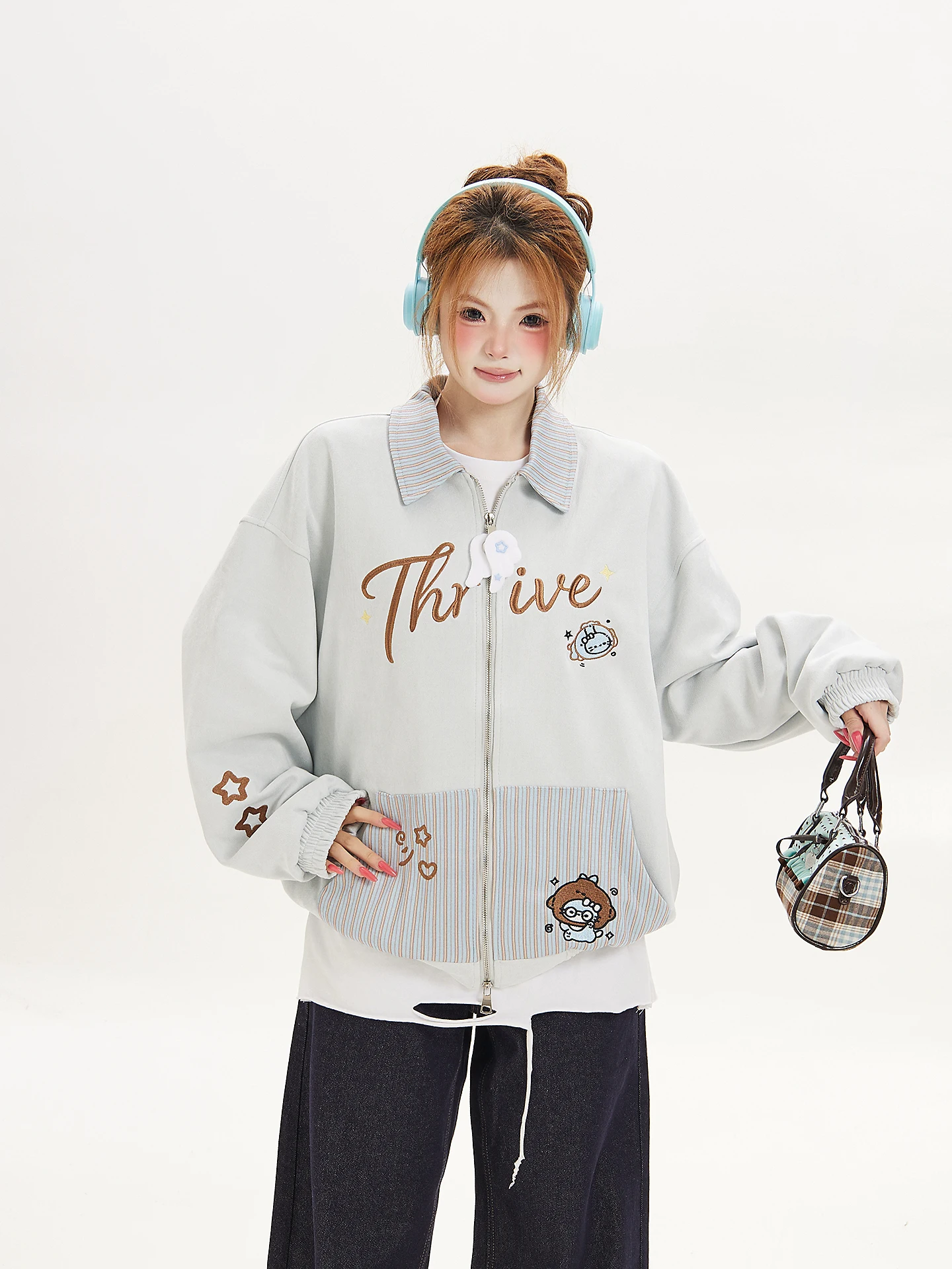 Sweet Stitched Short Jacket Women's Loose Collar Baseball Style Coat Autumn Fashionable Ant Pattern Casual Warm Outerwear