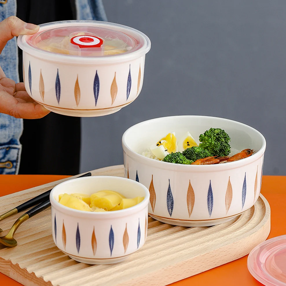 3-piece set, Ceramic preservation bowl Lunch box Household sealed fresh-keeping bowl with lid L/M/S 3 bowls Ceramic tableware