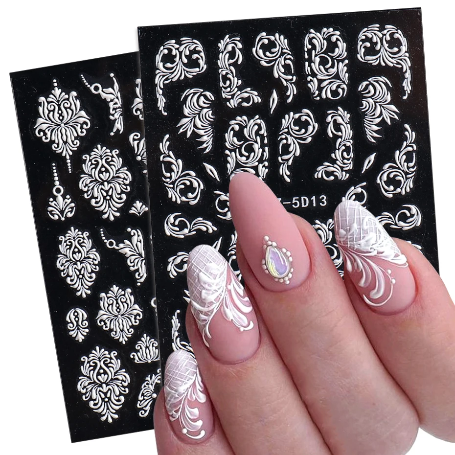 Embossed 5D White Nail Art Stickers Elegant Wedding Floral Lace Sliders For Nails Baroque Manicure Decoration Decals BESTZ-5D-1