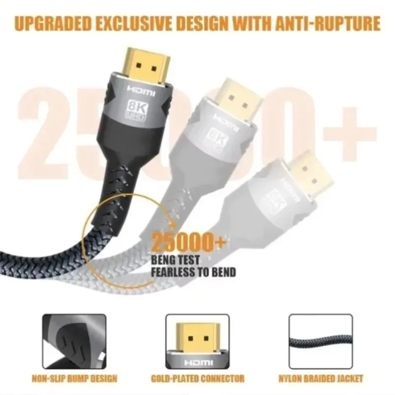 8K UHD HDMI Cable 2.1 High Speed Braided HDMI Cord 48Gbps For Monitor Projector Laptop Gaming Console Home Theater Audio Video