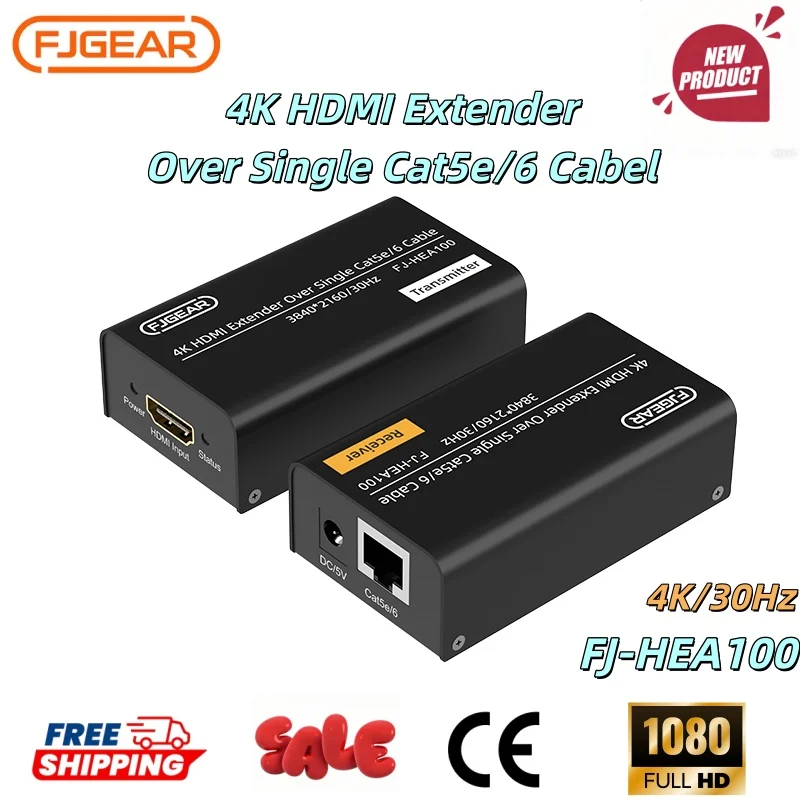 

FJGEAR 4K HDMI-удлинитель 100 м, усилитель аудио-видеосигнала по кабелю RJ45 Cat5e/6, передатчик-приемник для ноутбуков, ПК, телевизоров, проекторов