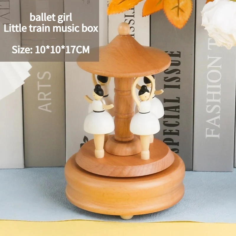 Wooden Carousel Music Box Ornaments Rotatable Hand-cranked Music Box DIY Handmade Birthday Christmas Gift Children’s Toys