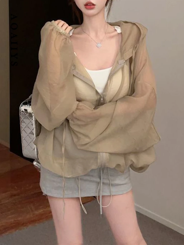 Aoaiiys Thin Coat Women Fashion Casual Sun Protection Jacket Tops See Through Hooded Coats Summer 2026 New Loose Female Tops