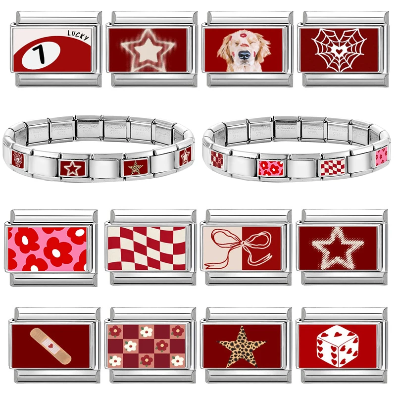 Moda vermelho rosa coração cão gato flores italiano charme link caber 9mm jóias de aço inoxidável diy fazendo pulseiras para presentes