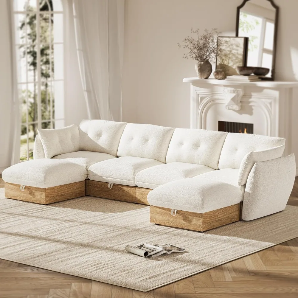 

126" U Shaped Cloud Couch Sectional Modular Sofa with Storage, Cotton and Linen Fabrics Modern Oversized Deep Seat Sofa