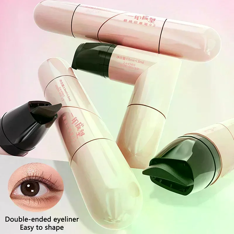 Sello delineador de ojos giratorio integrado, negro, marrón, doble punta, plantilla de ala de delineador de ojos DIY, resistente al agua, a prueba de manchas, bolígrafo líquido de ropa larga