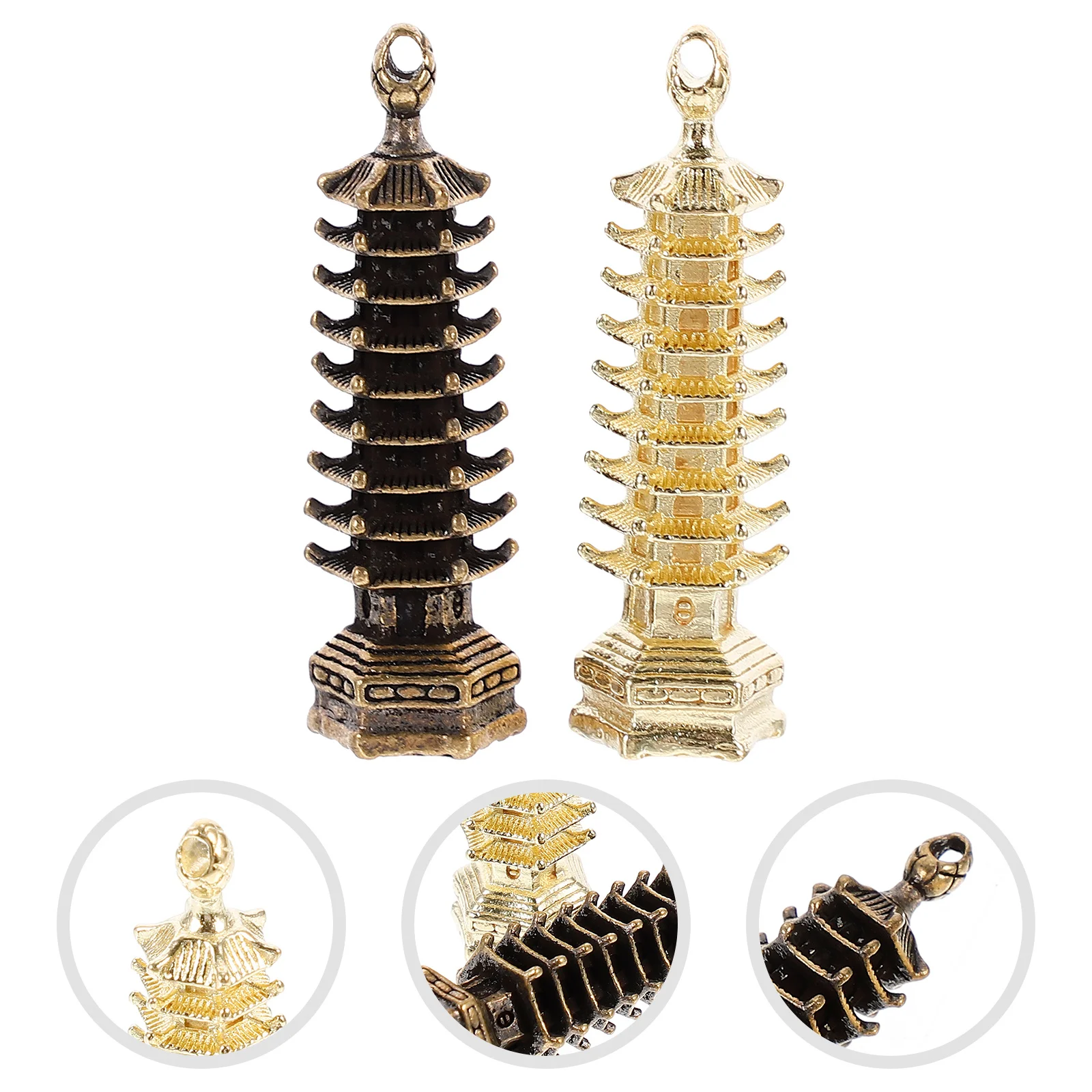 2Pcs Copper Tower Keychain Pendant Retro Charm Miniature Ornament for DIY Jewelry Craft Decoration Gift