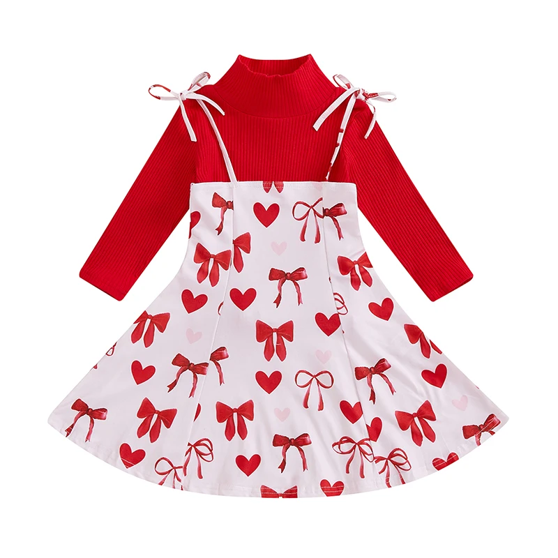 Kids Girls Valentine s Day Outfit Long Sleeve Turtleneck T-shirt with Bow Heart Print Slip Dress Fall Outfit