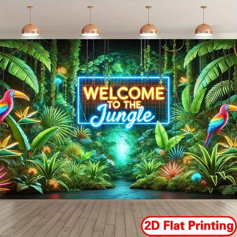 Enchanting Jungle Neon Sign Tapestry Welcome To The Jungle Tropical Rainforest Plants Parrots Nightclub Bar Party Venue Decor