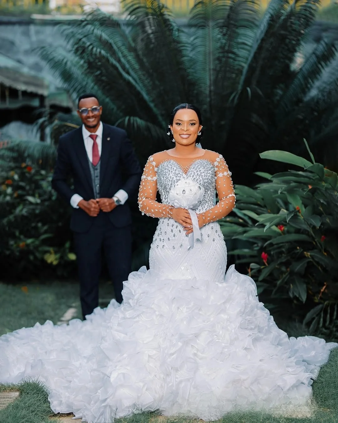 Customized  Sheer Neck Sparkly  Crystals Beads Wedding Dress Vestido De Casamento Mermaid Organza Cascading Ruffles Bridal Gown