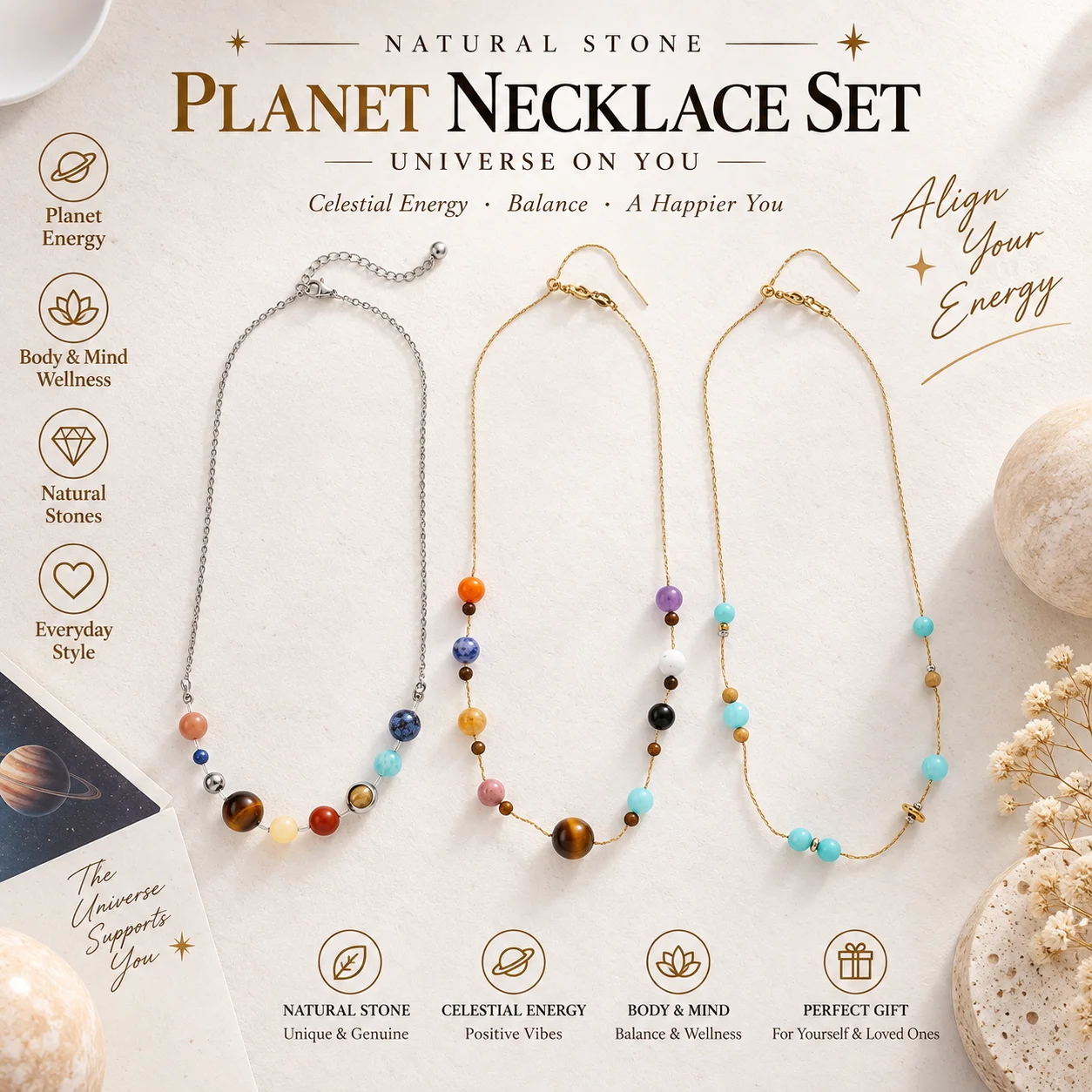 Natural Stone Planet Necklace Solar System Gemstone Beads Stainless Steel Chain Gold Tone & Steel Tone Jewelry for Women Men