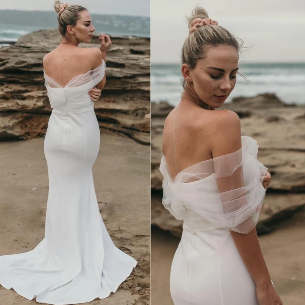 Personalizado branco jérsei vestidos de noiva temperamento sem alças fora do ombro vestido de casamento capela trem zíper voltar vestido sereia