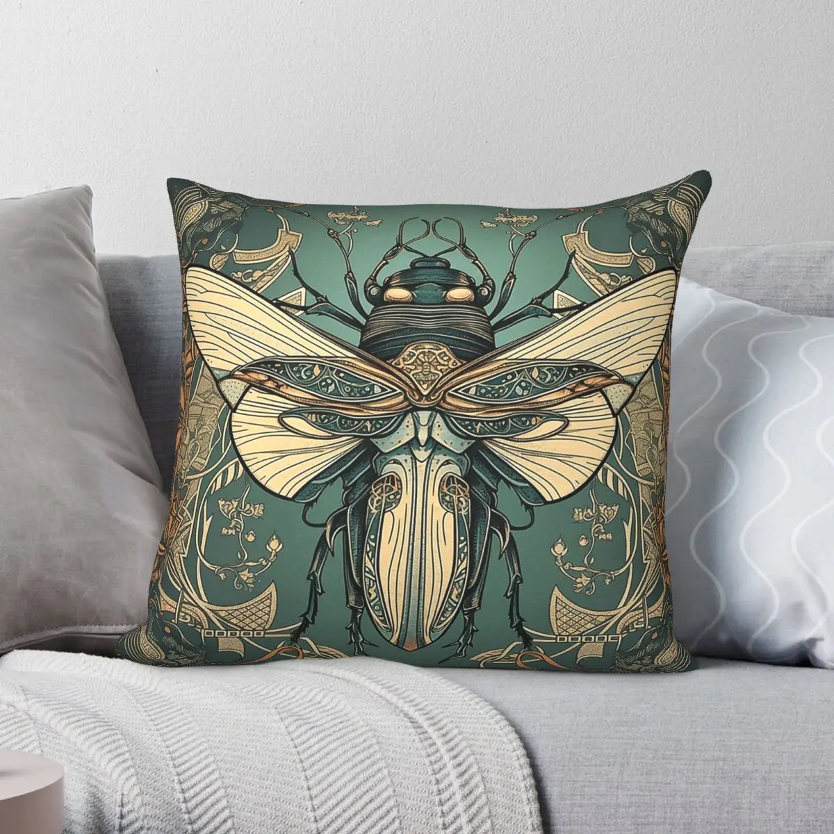 French Cicada Insect Antique Square Pillowcase Polyester Linen Velvet Pattern Decorative Throw Pillow Case Room Cushion Cover
