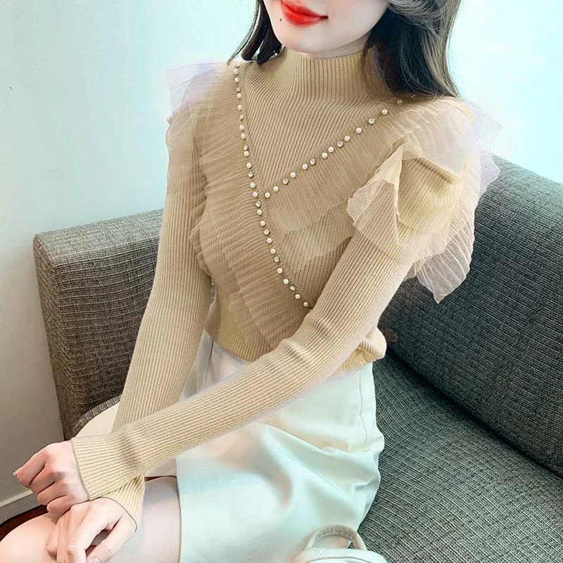 Autumn Winter New Off Shoulder Slim Pullovers Top Long Sleeve Net Yarn Patchwork Elegant Sweaters Korean Fashion Women Clothing