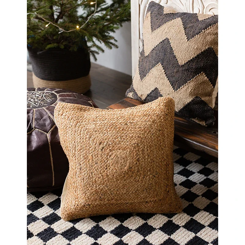 Jute Throw Pillow Covers,Boho Handmade Vintage Throw Pillowcases Farmhouse cushion cover Pillowcase for Couch, Living Room Decor