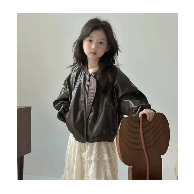 Jackets Korean Childrens Clothing Girl Leather Clothing Loose Coat Autumn New Locomotive Jacket Tops Tide 2024 Cool