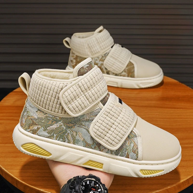 

Men's Thick Sole Winter Snow Boots Printed Velcro High Top Cotton Shoes Fleece Lined Thickened Warm Outdoor Cold Resistant