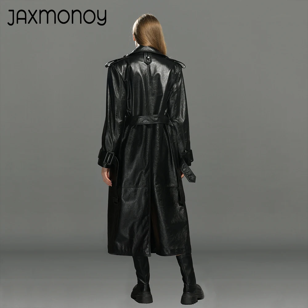 Jaxmonoy Women's Real Leather Long Jackets Ladies Fall High end Sheepskin Coat Fashion Genuine Leather Trench Coats New Arrival