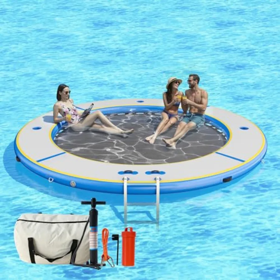 Lake and beach party inflatable water hammock for adults: heavy-duty mesh raft in blue, 12FT round floating dock platform with