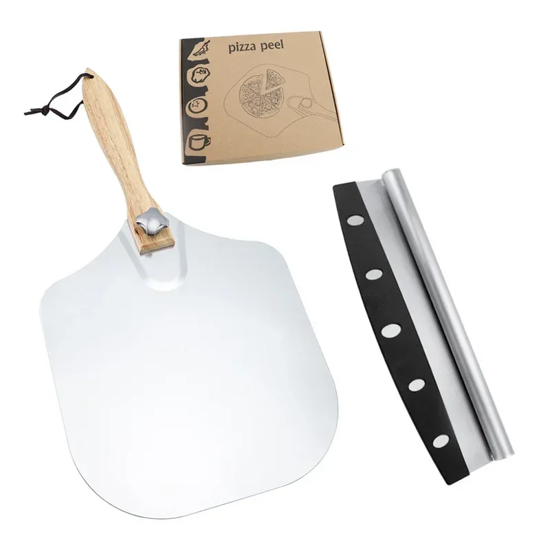 Foldable Aluminum Pizza Spatula Shovel Cutter Kit Wooden Handle Pizza Knife Baking Transfer Tool