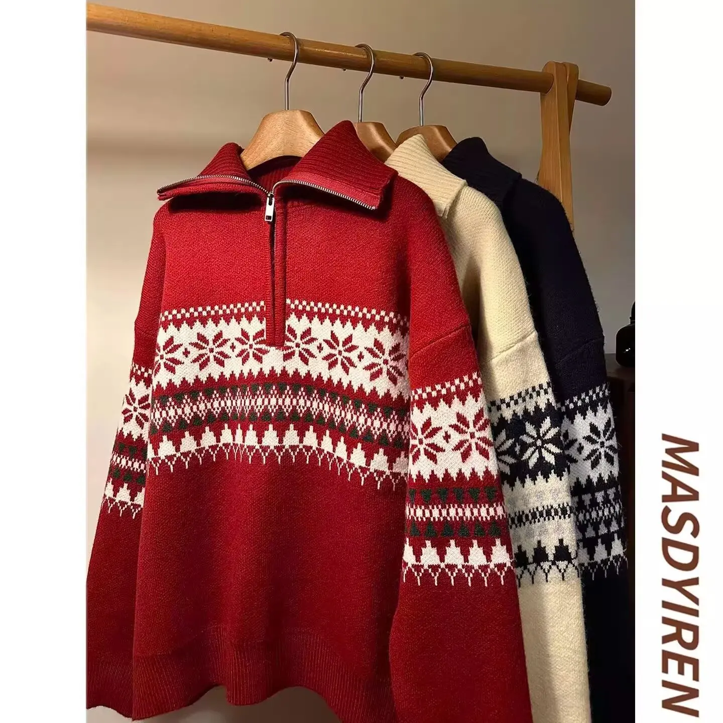 

Men's American Retro Knitted Unisex Half-Zip Turtleneck Sweater Lazy Style Loose Trendy Jacket