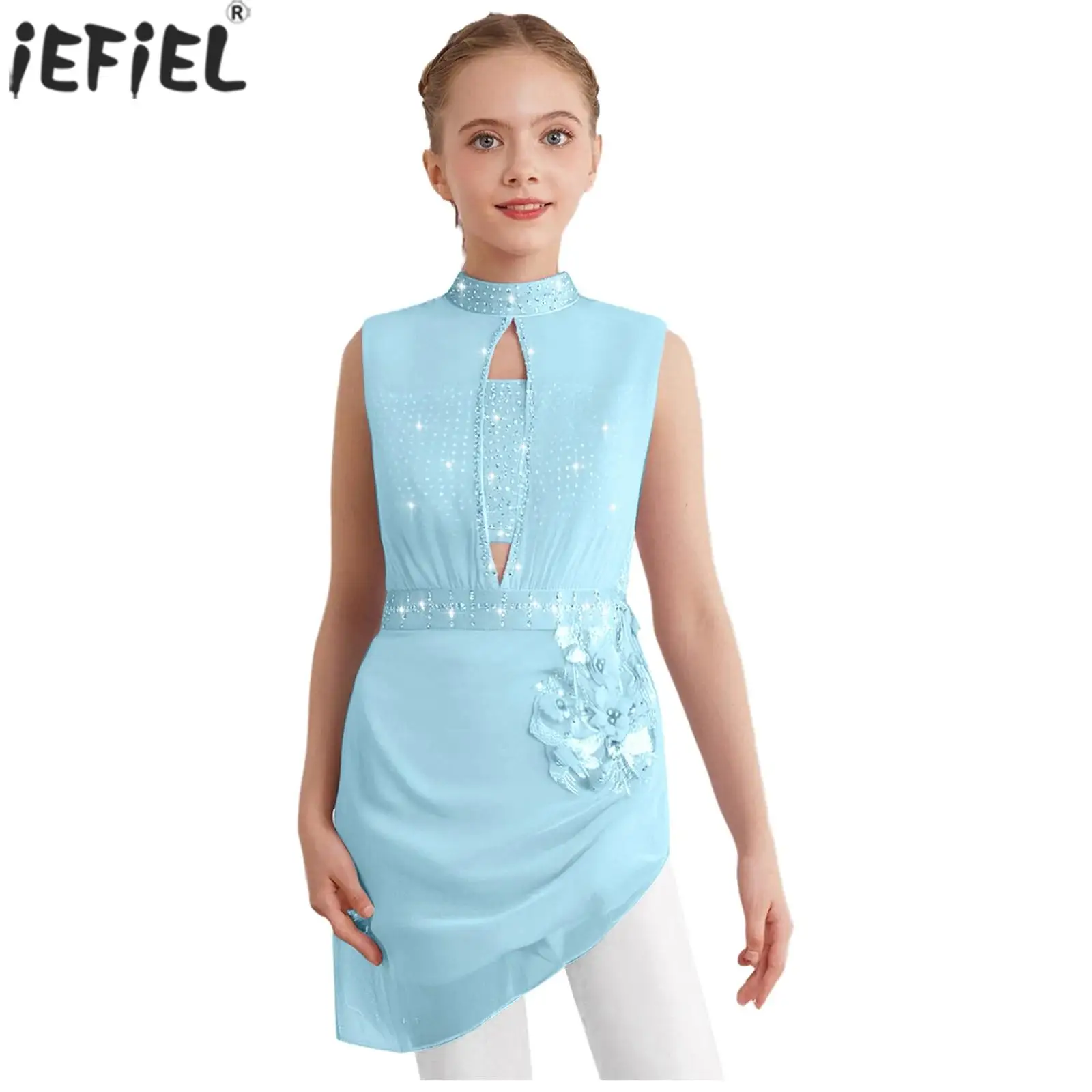 Kids Girls Figure Skating Dance Dress Sleeveless Shiny Rhinestones Applique Sheer Mesh Dress Leotard Ballet Gymnastics Dancewear