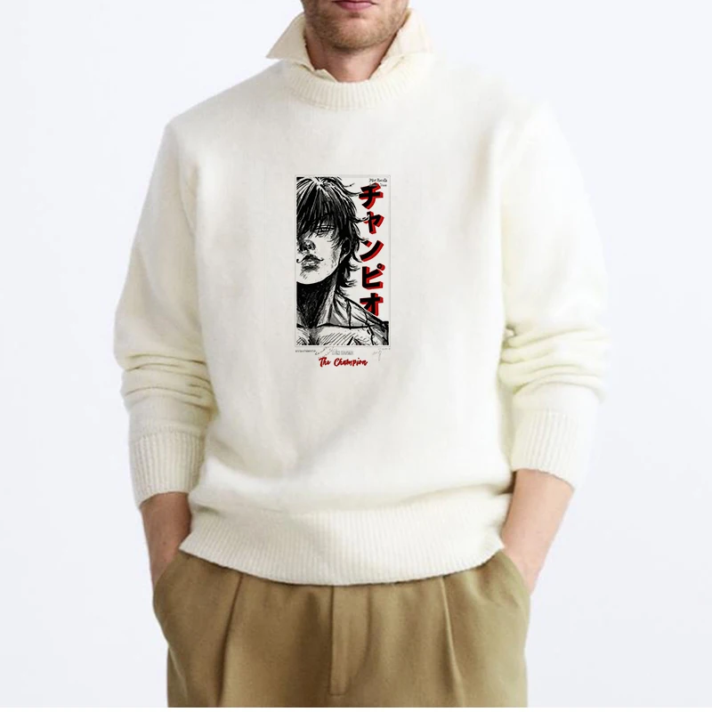 

2024 Autumn Winter College Style Men Casual Loose O-neck Pullover Anime Pattern Hip Hop Y2k Vintage Long Sleeve Knitted Sweaters