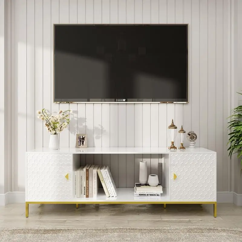 

70in TV Stand, Heavy Duty Wood Media Center Console, Cabinet Storage & Open Shelves for Living Room, Modern Design, White