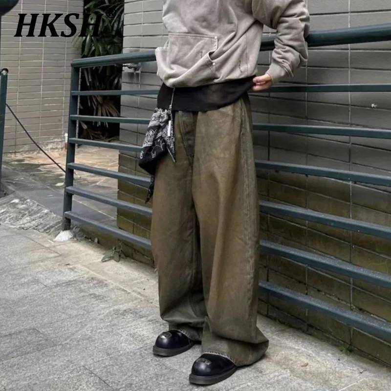 

Оригинальные стильные масляные Вощеные окрашенные в грязь джинсы HKSH, прямые широкие Свободные Мешковатые повседневные трендовые мужские джинсовые брюки HK2170