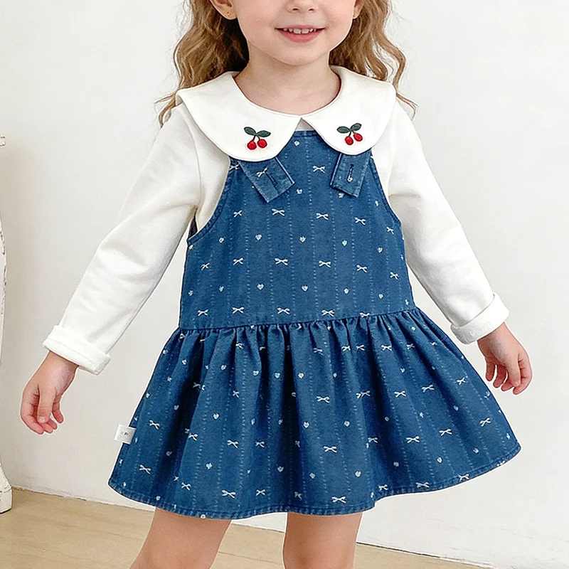 

Новинка 2023 года, весенний комплект одежды для маленьких девочек 1-5 лет, хлопковый пуловер с длинными рукавами, топ + джинсовое платье без рукавов, детский костюм