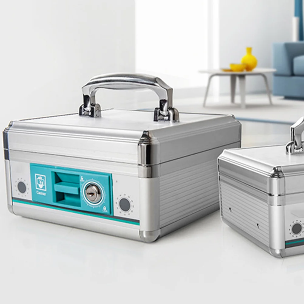 Portable Small Aluminum Alloy Cash Box Holder with Handle Organizer Tray for Coins Silver